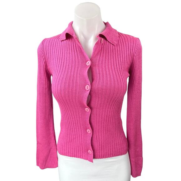 ASOS Design Pink Ribbed Knit Collared Button Down Cardigan Sweater Top Size 2 - Picture 1 of 4